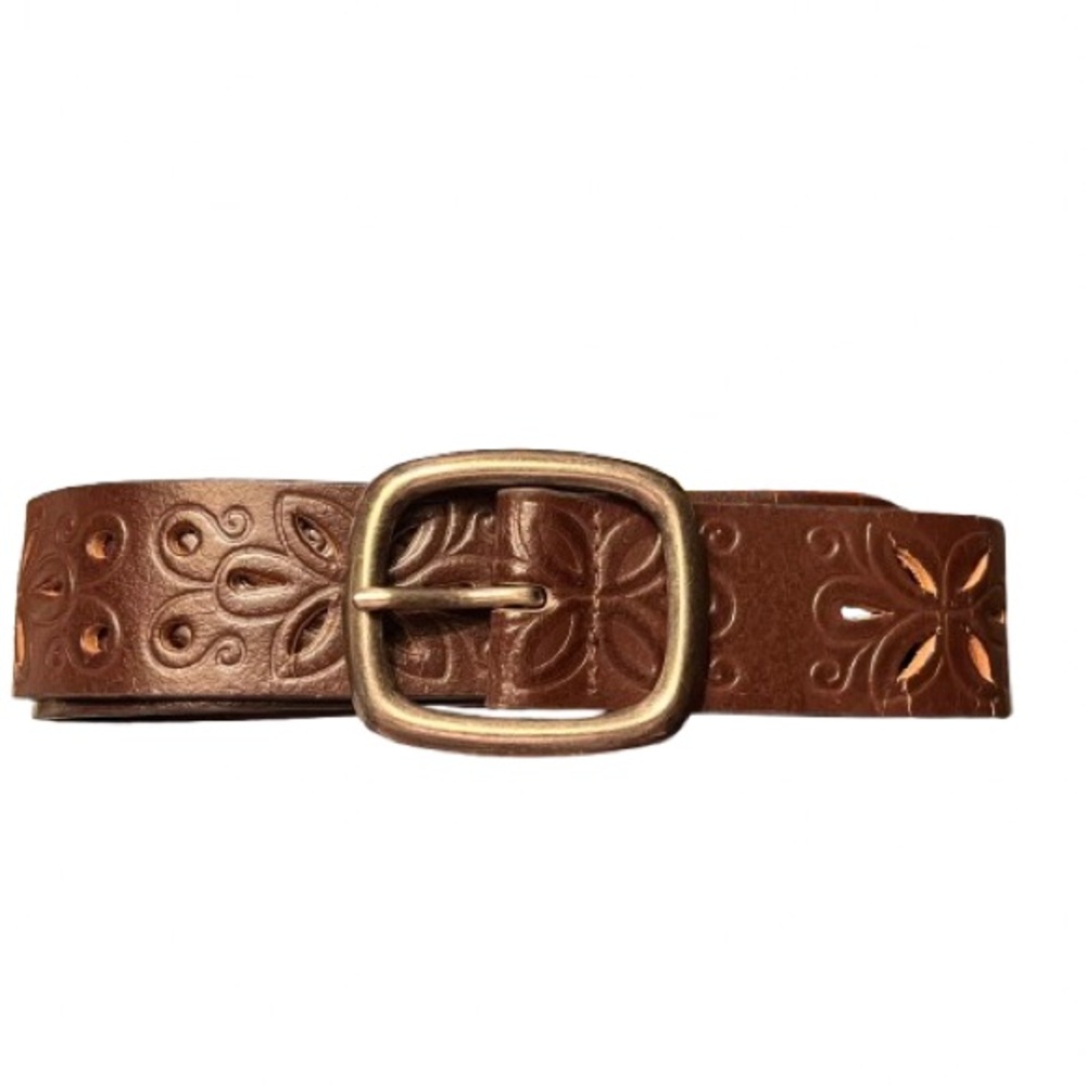 Brown faux Leather Belt Women’s Floral tooled Size 41”